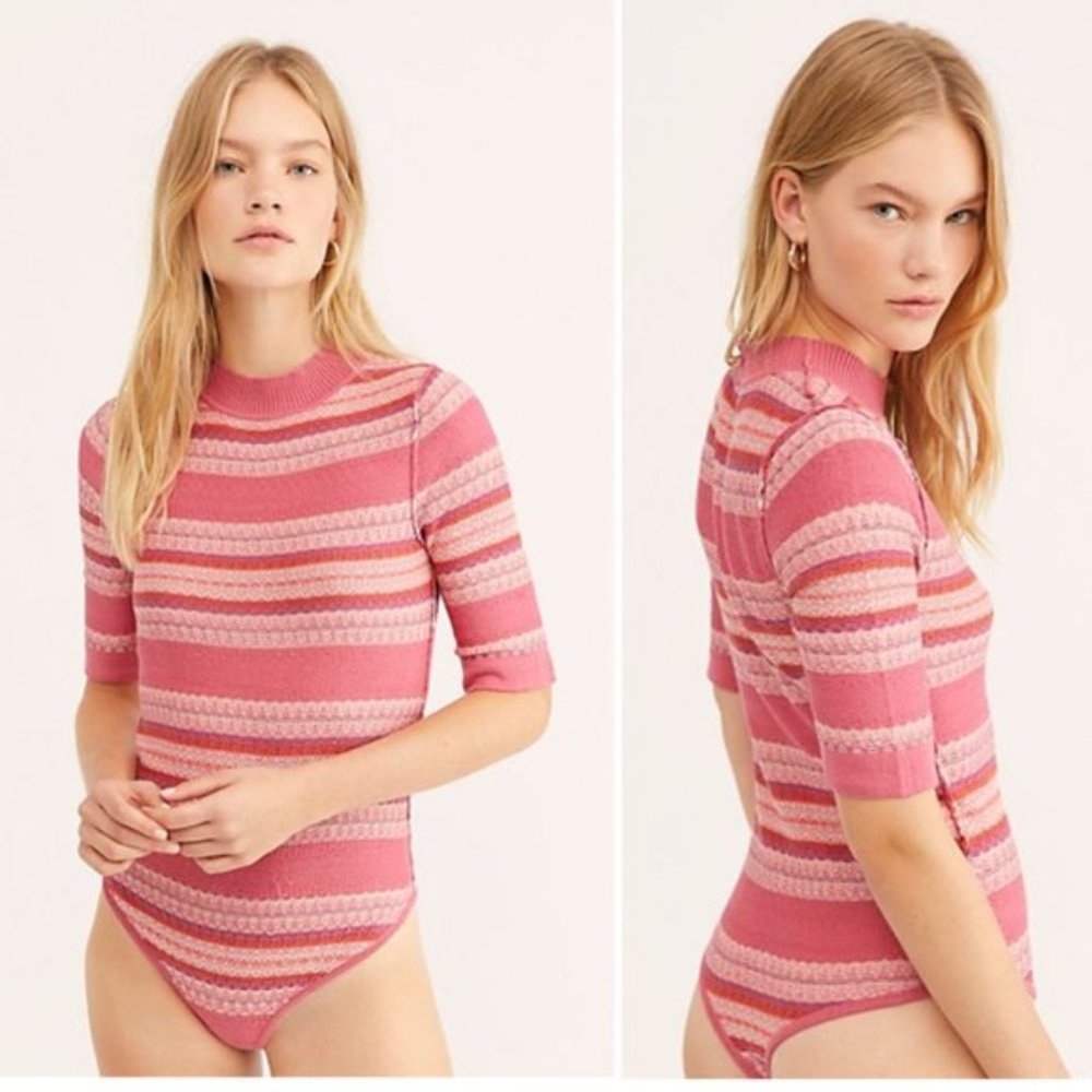 Free People Bodysuit NWT Winter Warmer Pink Bodysuit in Lotus Combo SZ L